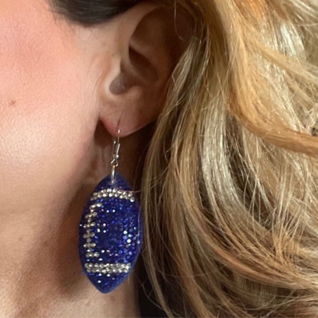blue dangle football earrings