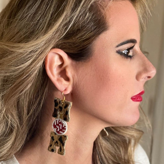 leopard beaded baseball mom earrings